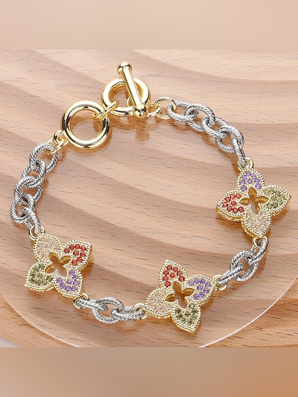 Gold-Tone Multicolor Floral Charm Bracelet - Women’s Fashion Jewelry